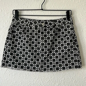 PAC SUN Roxanne Black and White Checkered Floral Denim Mini Skirt Size 26